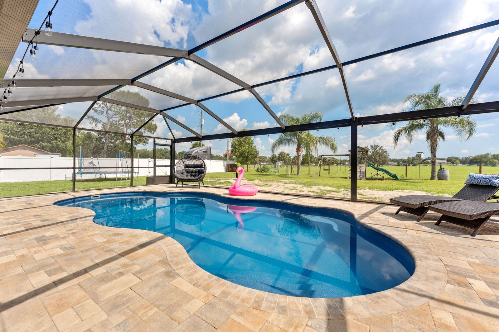 Freeform pool in a screened enclosure with palm trees beyond